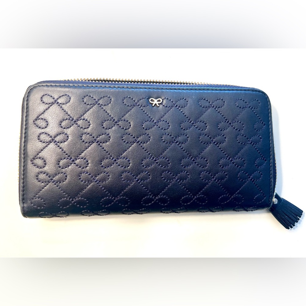 Anya Hindmarch Navy Quilted Zip Around Wilkes Bow Clutch or Wallet - Navy Blue